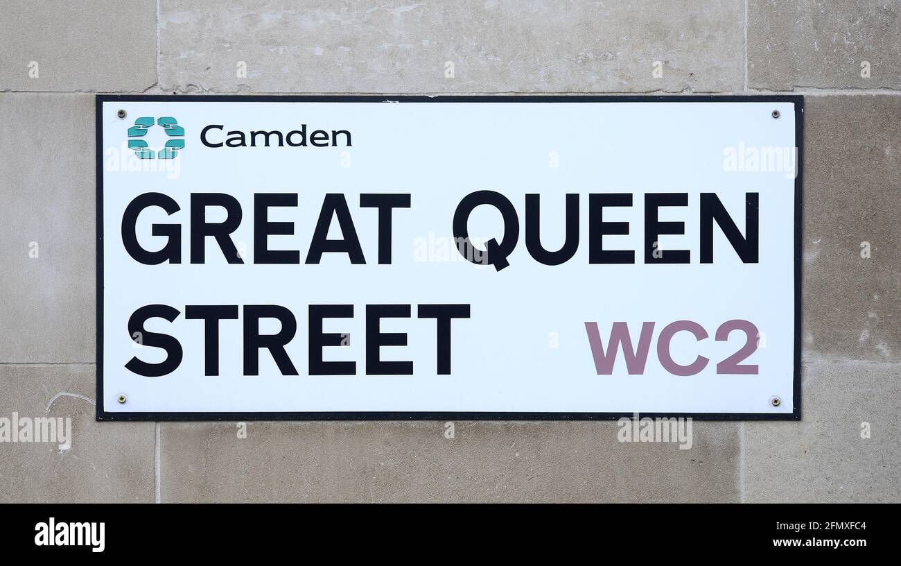 London, England, UK. Street sign: Great Queen Street, Camden, WC2 Stock Photo