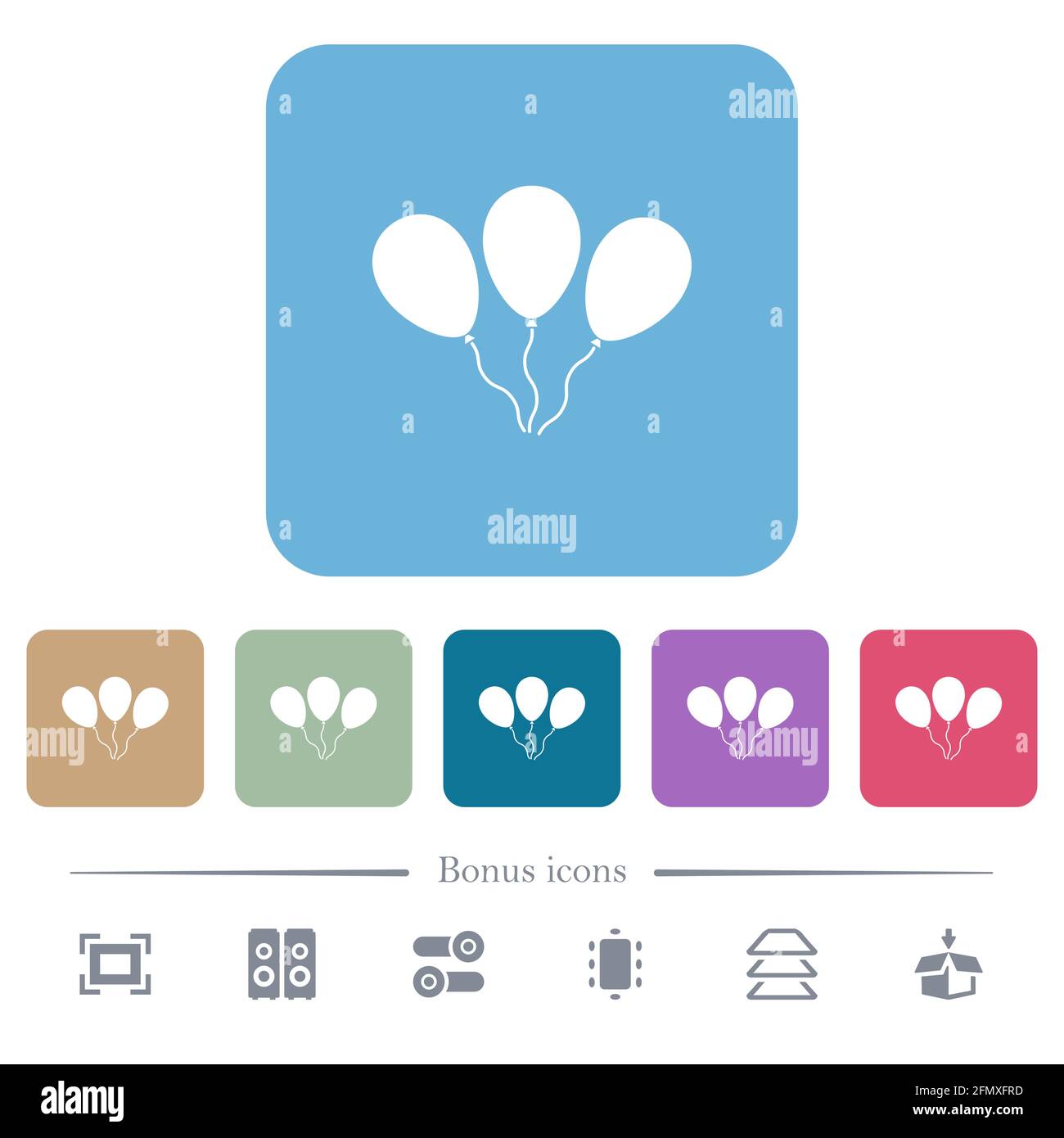Three balloons white flat icons on color rounded square backgrounds. 6 ...