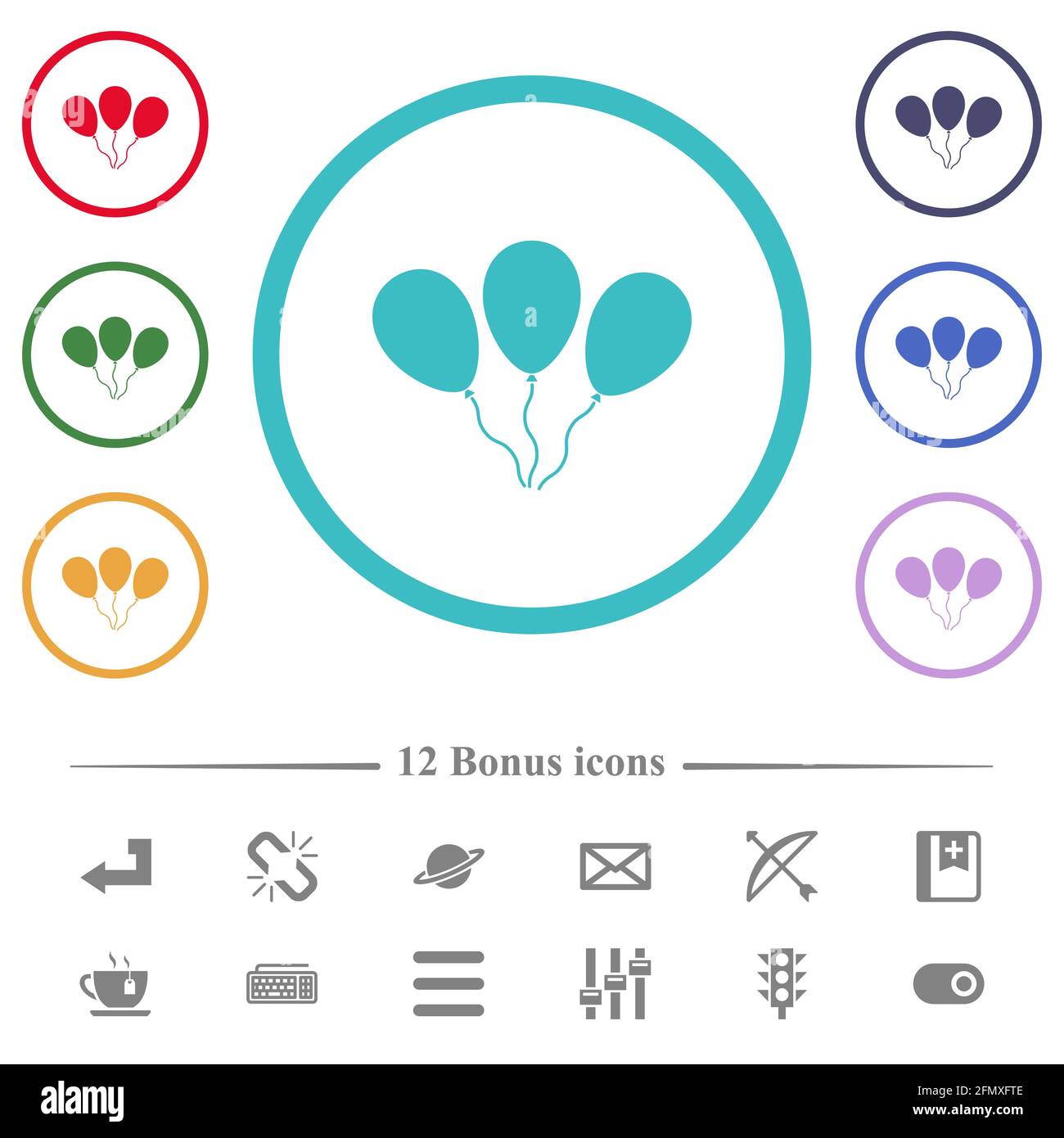 Three balloons flat color icons in circle shape outlines. 12 bonus ...