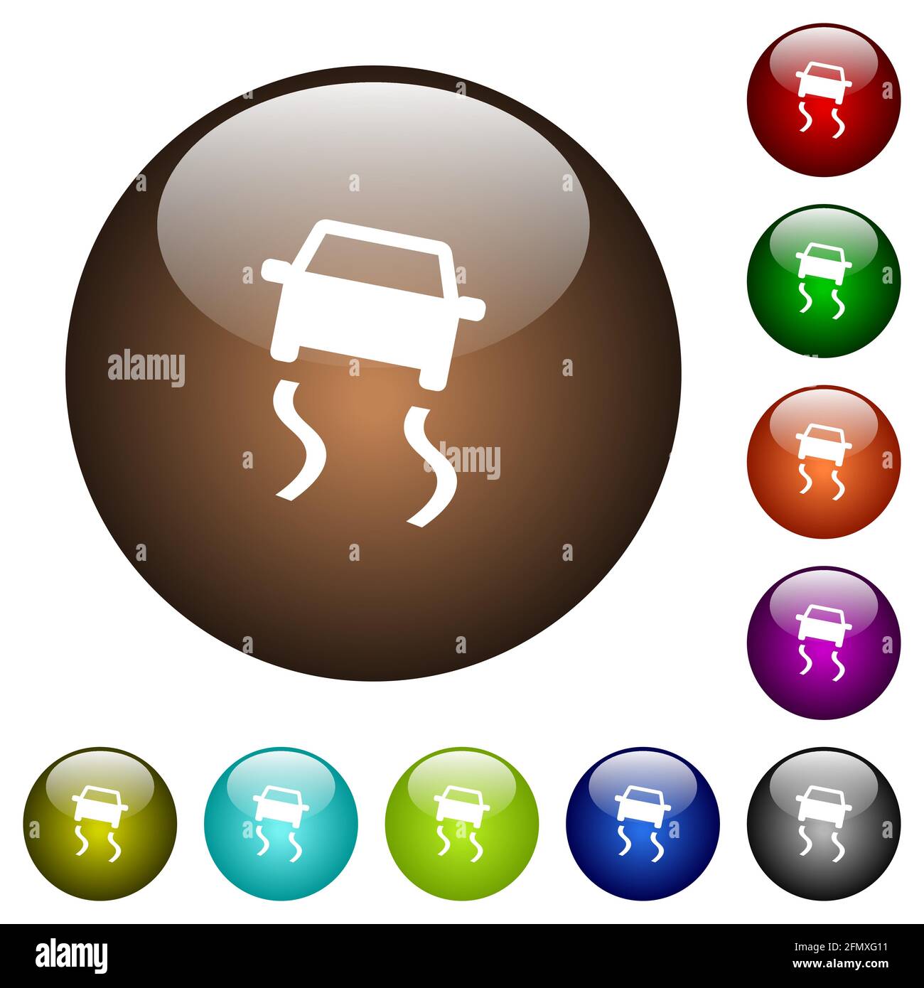 Slippery road dashboard indicator white icons on round glass buttons in