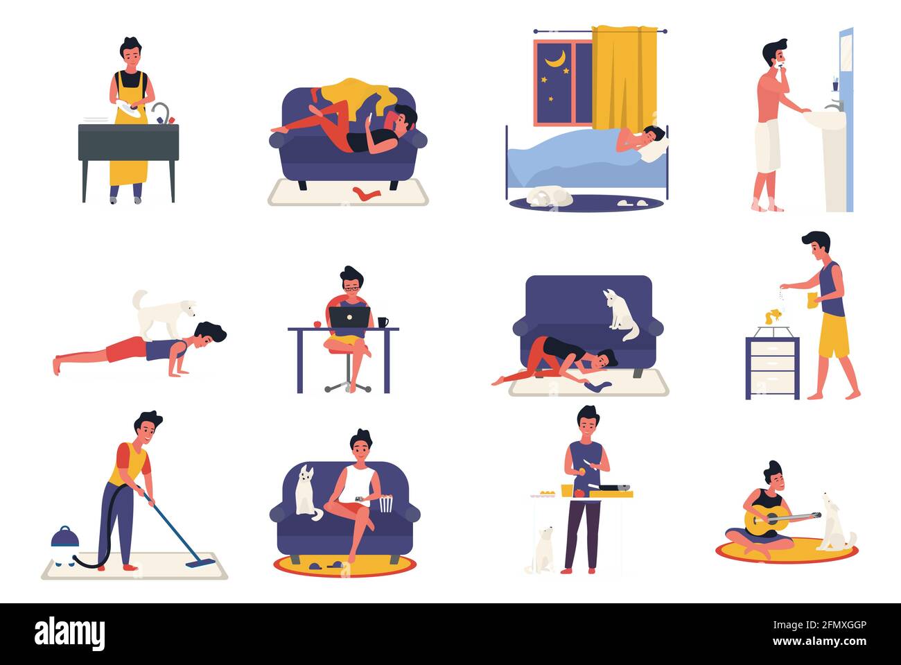 Young man daily routine activity vector illustration. Cartoon active guy character doing everyday sport exercise with dog, dinner cooking, working in home office, sleeping at night isolated on white Stock Vector