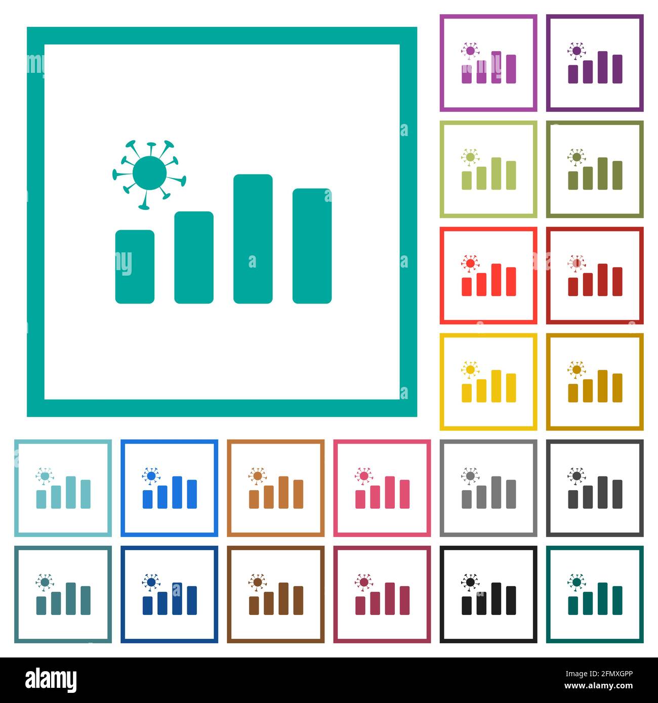 Covid graph flat color icons with quadrant frames on white background ...
