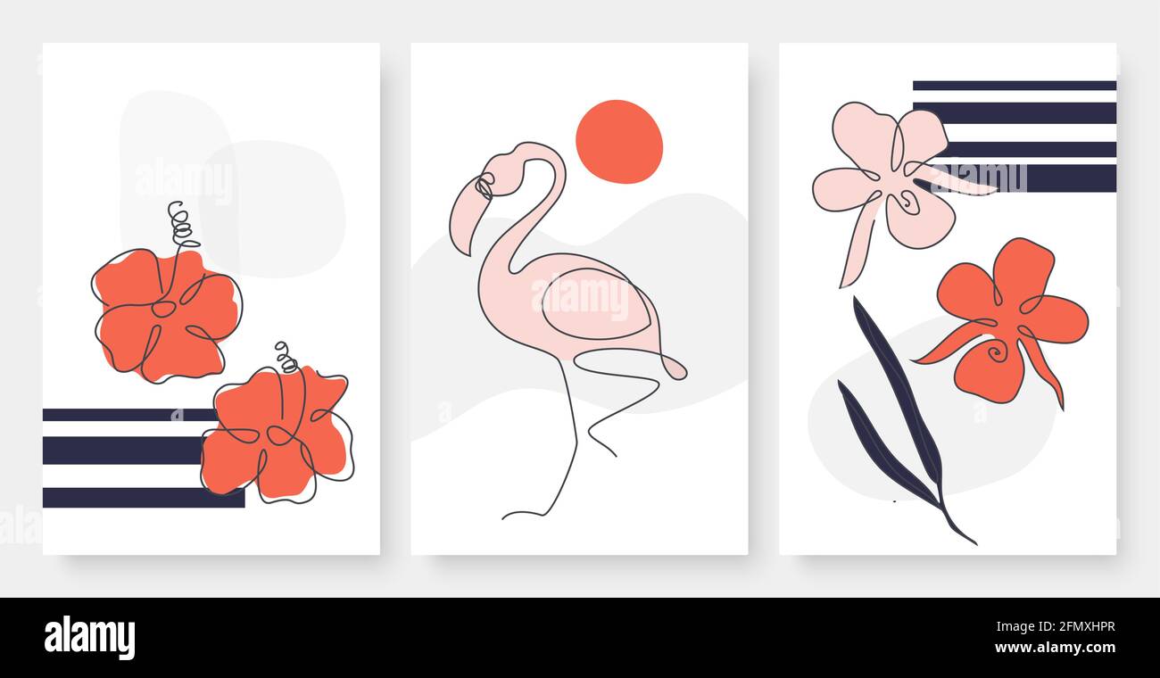 Tropical flowers, flamingo in continuous line art drawing minimalist style vector illustration set. Trendy hand drawn simple lines, minimal plants and bird from tropics, social media stories template Stock Vector