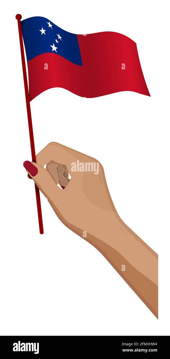 Female hand gently holds small Samoa flag. Holiday design element. Cartoon vector on white background Stock Vector