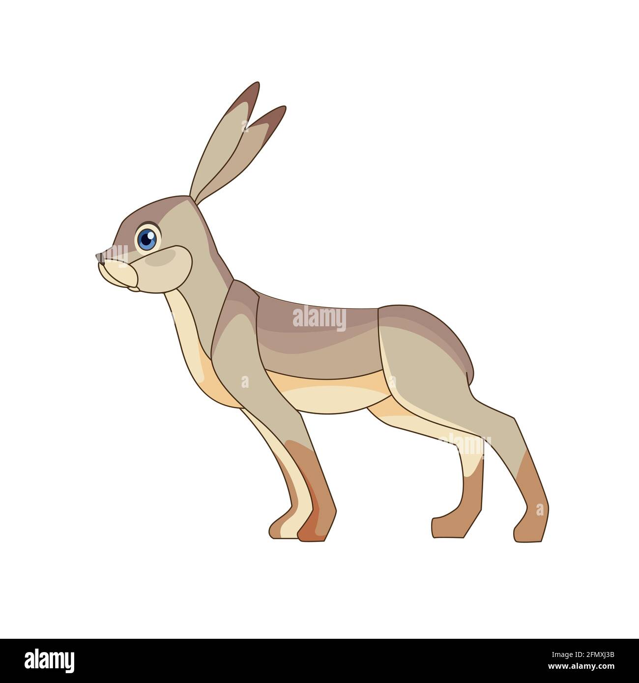 The European hare, also known as the brown hare, standing. Gray fluffy fur, long ears, big blue eyes. Scene from wild. Cartoon character vector flat Stock Vector