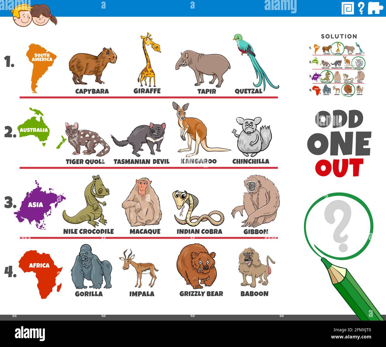 Cartoon illustration of odd one out picture in a row educational game for elementary age or preschool children with animals species from different con Stock Vector
