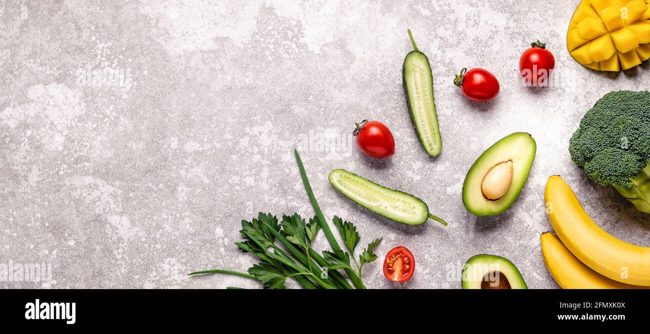 Healthy vegetables and fruits background with copy space Stock Photo ...