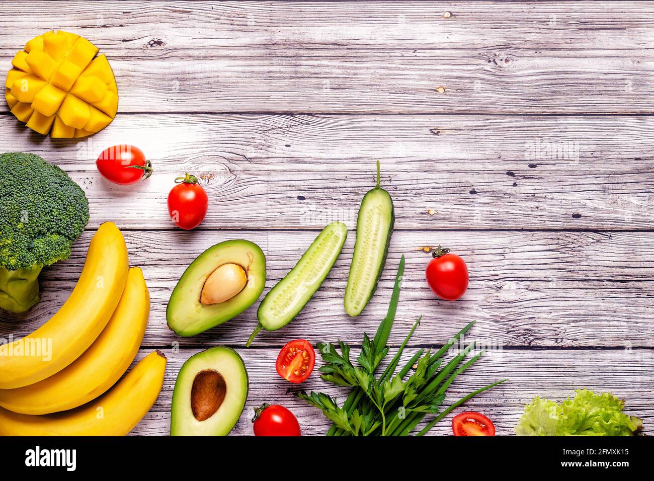 Healthy vegetables and fruits background with copy space Stock Photo ...