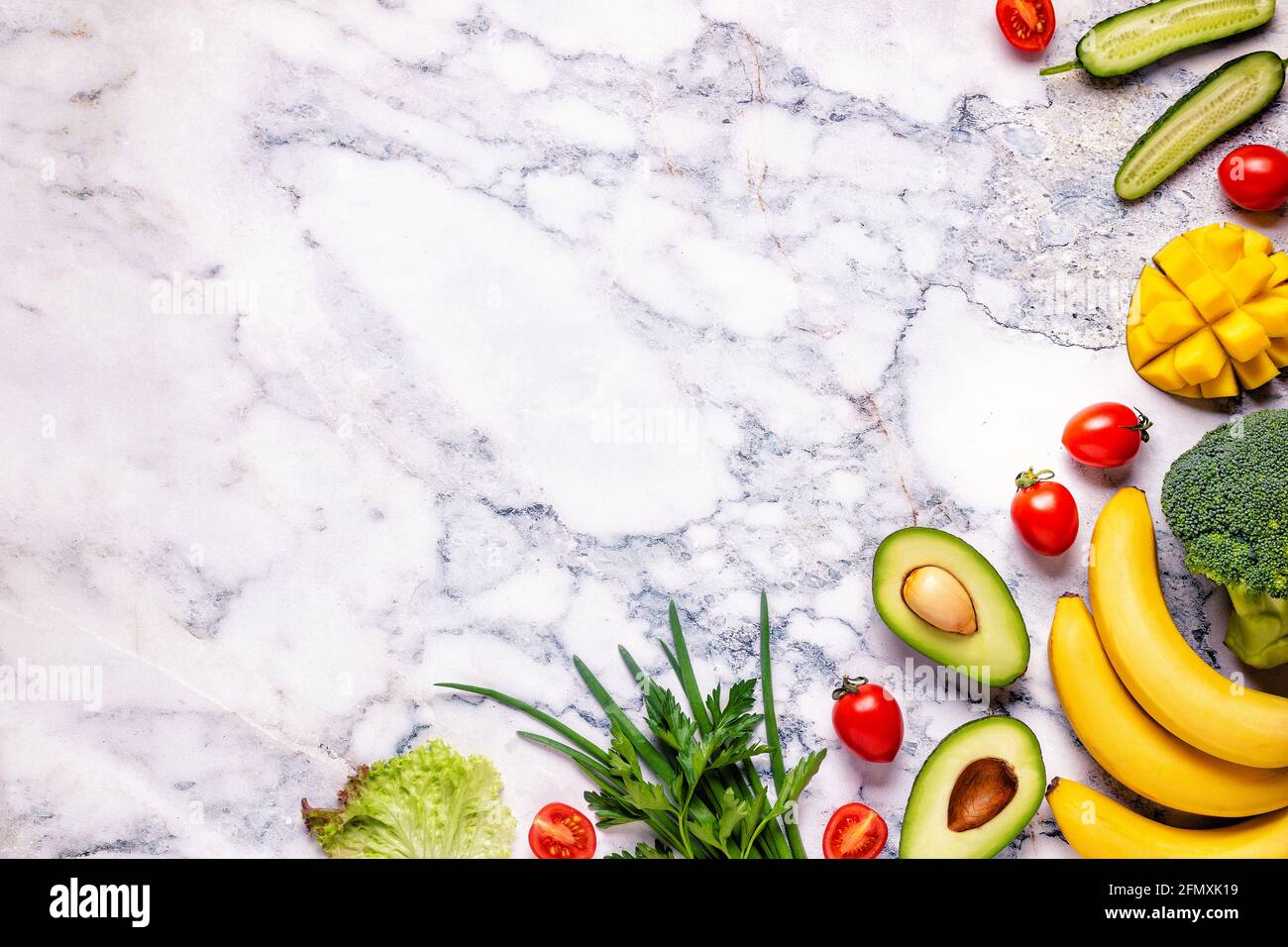 Healthy vegetables and fruits background with copy space Stock Photo ...