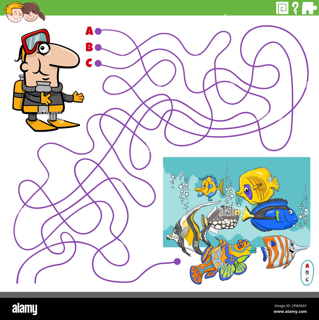 Cartoon illustration of lines maze puzzle game with scuba diver