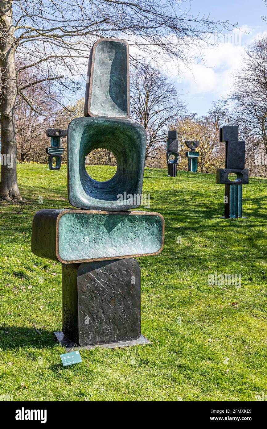 An exhibit at the Yorkshire Sculpture Park YSP at Wakefield, West Yorkshire, England UK - The Family of Man by Barbara Hepworth 1970. Stock Photo