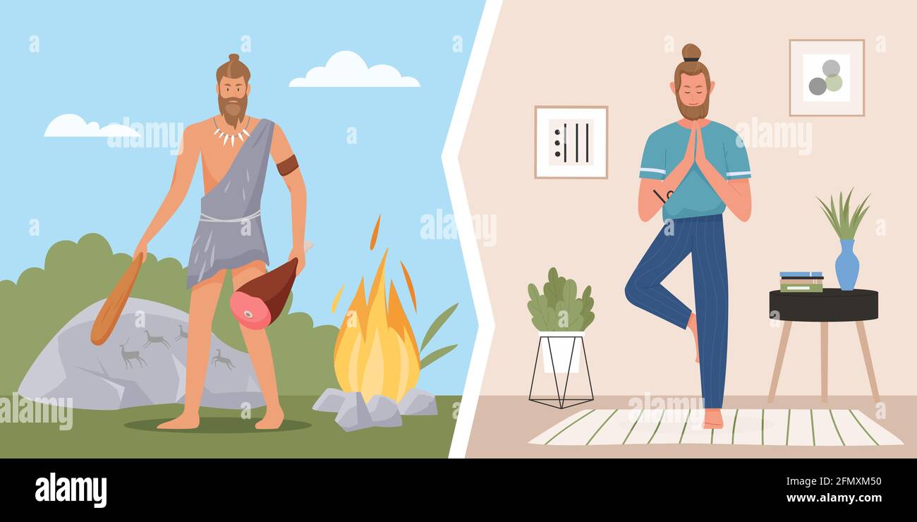 Primitive caveman lifestyle, modern healthy life vector illustration. Cartoon prehistoric stone age hunter character cooking food on fire after hunt, young man doing yoga for body health background Stock Vector