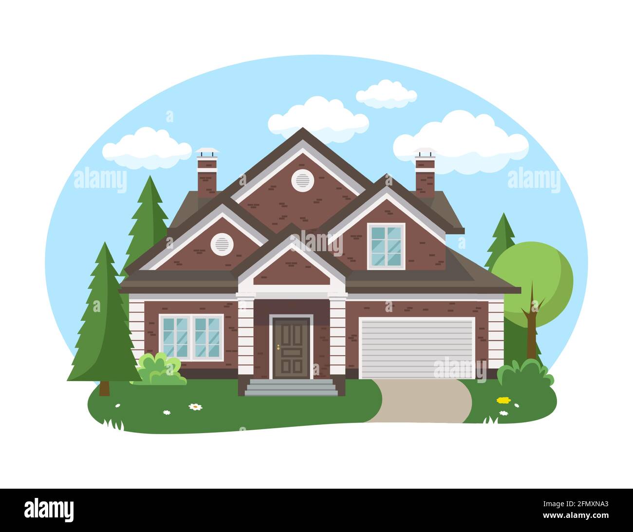 Cartoon house exterior with blue clouded sky Front Home Architecture Concept Flat Design Style. Vector illustration of Facade Building Stock Vector