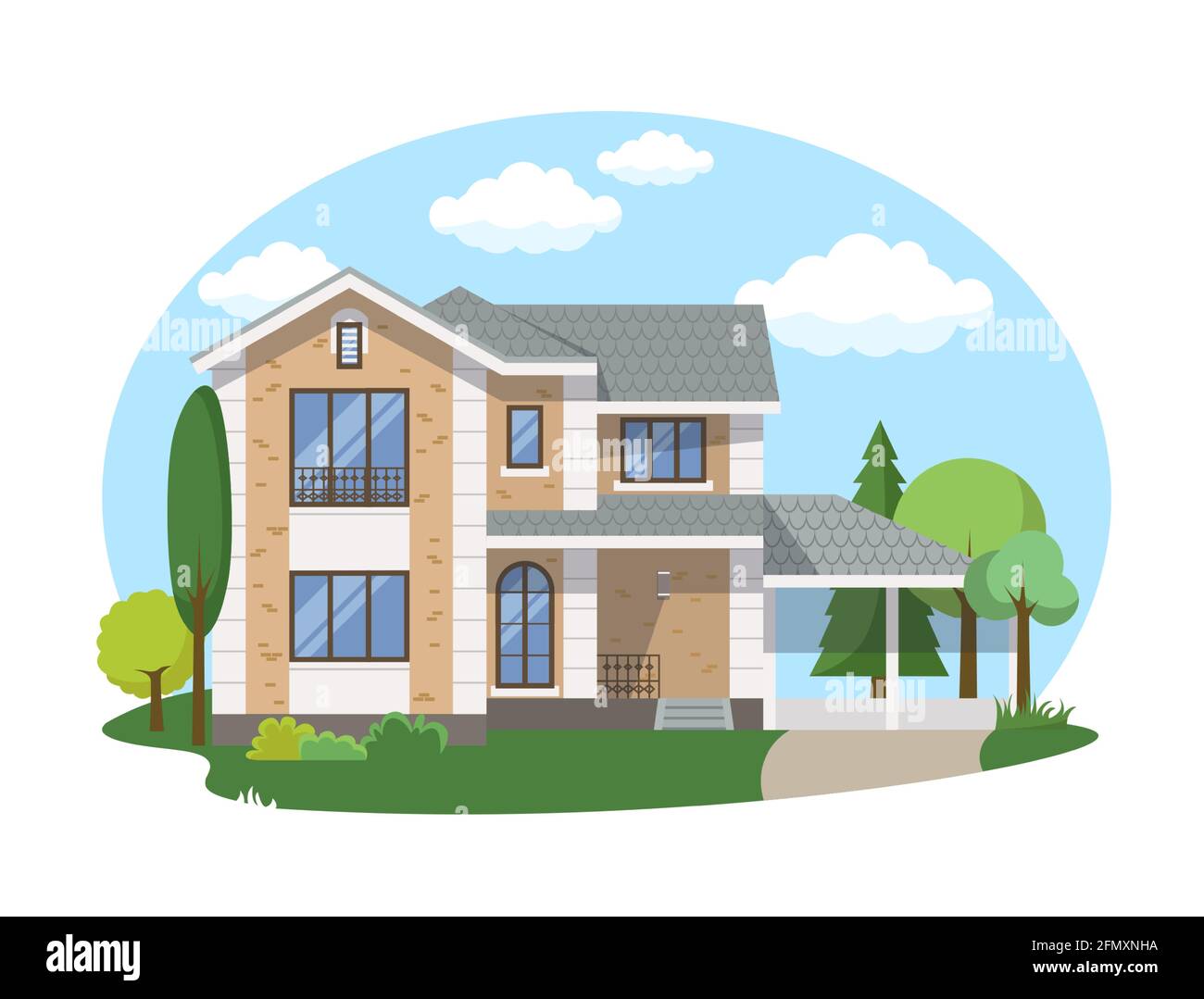 Cartoon house exterior with blue clouded sky Front Home Architecture Concept Flat Design Style. Vector illustration of Facade Building Stock Vector