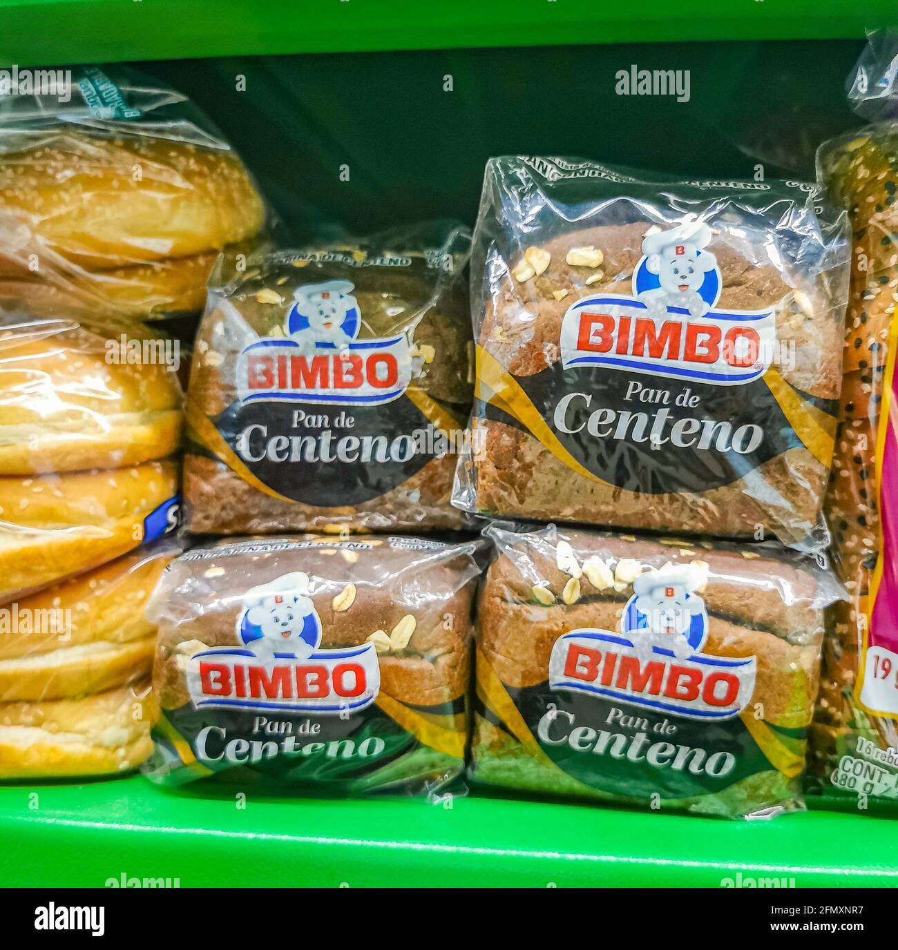 Playa del Carmen Mexico 23. April 2021 Bimbo toast rye bread Blanco Pan de Centeno packaging in the supermarket in Playa del Carmen Mexico. Stock Photo