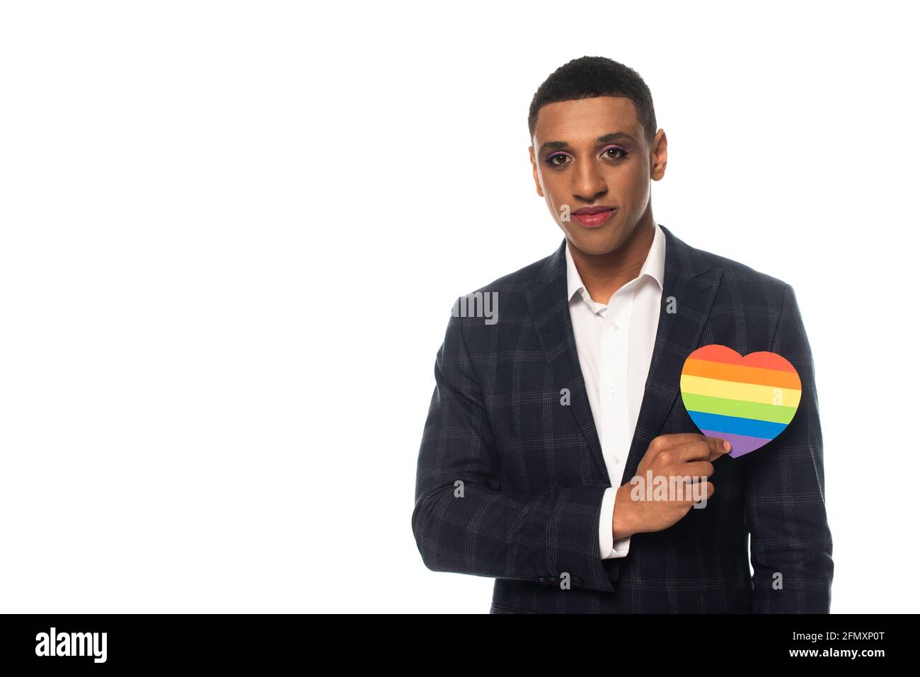 african american businessman with makeup holding lgbt colors paper heart isolated on white Stock Photo