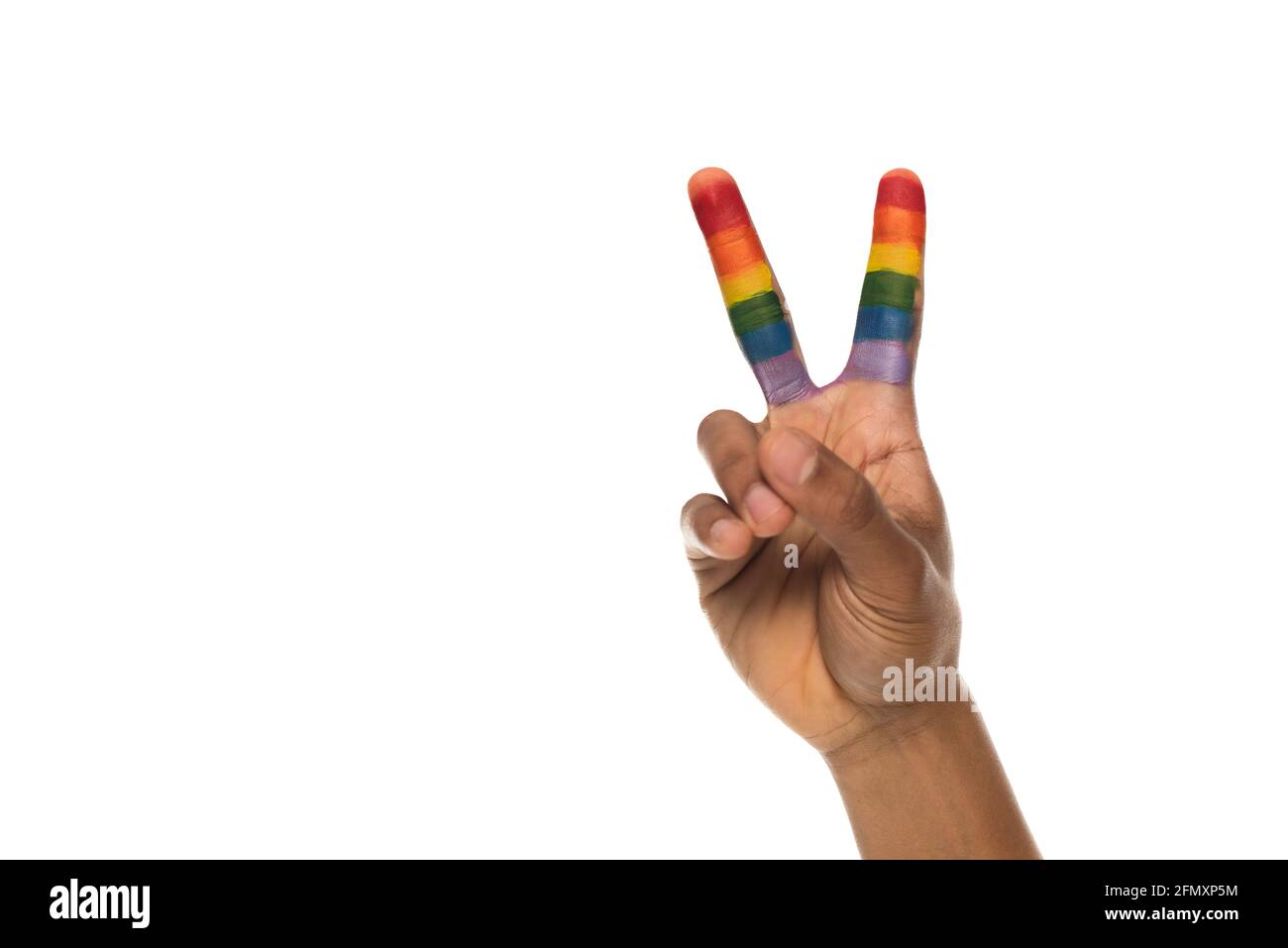 partial view of african american man showing peace sign with fingers painted in rainbow colors isolated on white, lgbt concept Stock Photo