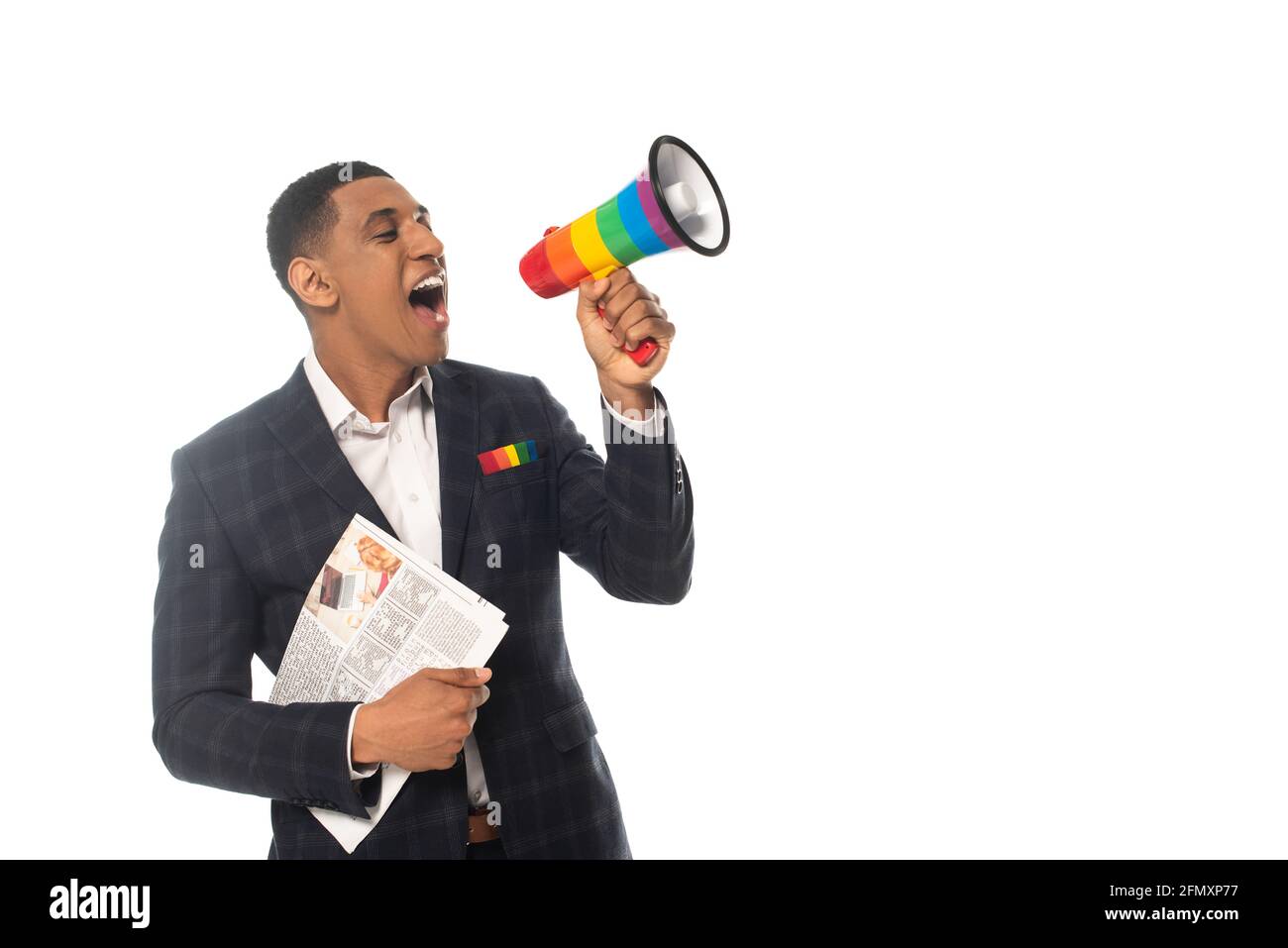 african american man businessman screaming in lgbt colors megaphone isolated on white Stock Photo