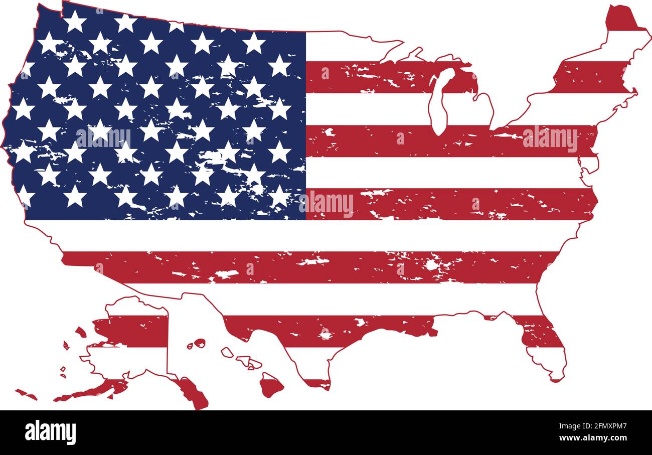 USA flag in America silhouette map grunge style. Brush stroke USA flag.Old dirty American flag. American Symbol.America map.Vector icon All states Stock Vector