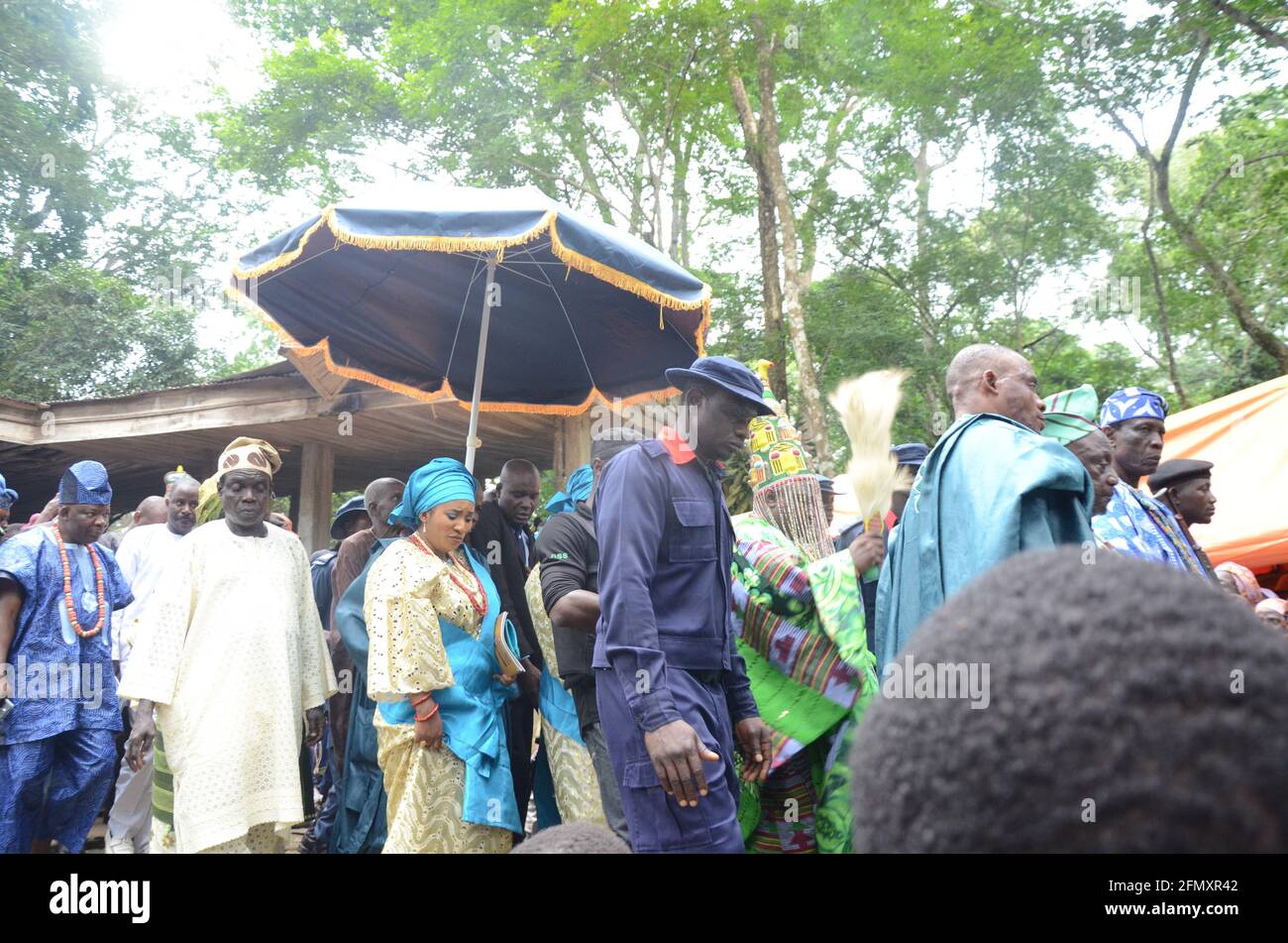 Osun Osogbo: Ataoja performing his spiritual dance during the Osun Osogbo Festival. Stock Photo