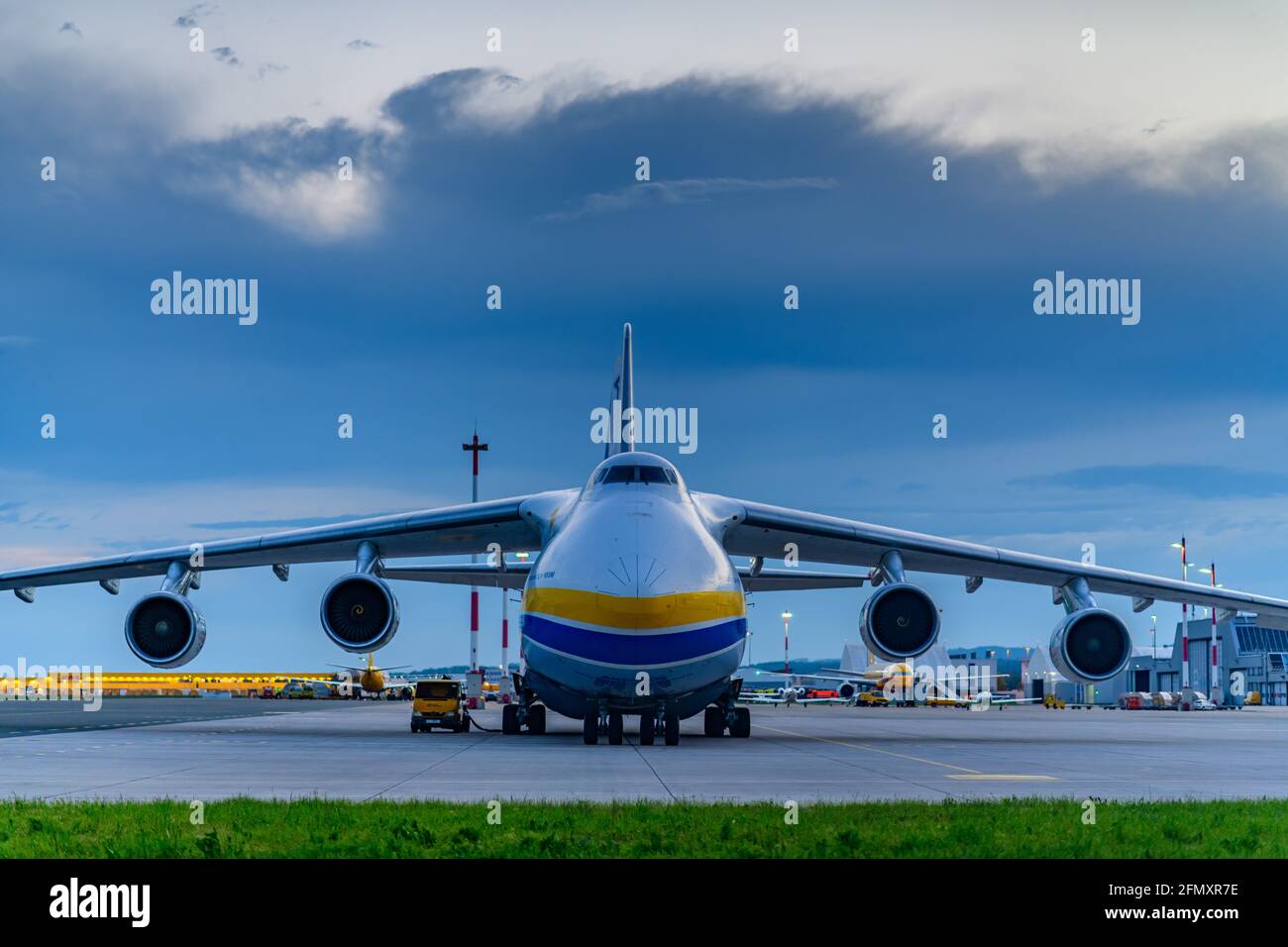 hoersching, austria, 11 may 2021, antonov an-124, UR-82008 in the evining light at the airport of linz Stock Photo