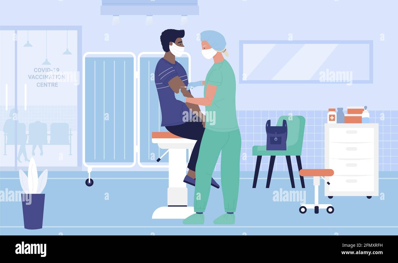 Vaccination, medical treatment, prevention and immunize vector illustration. Cartoon man doctor character making flu vaccine injection to man in hospital, immunization medicine healthcare background Stock Vector