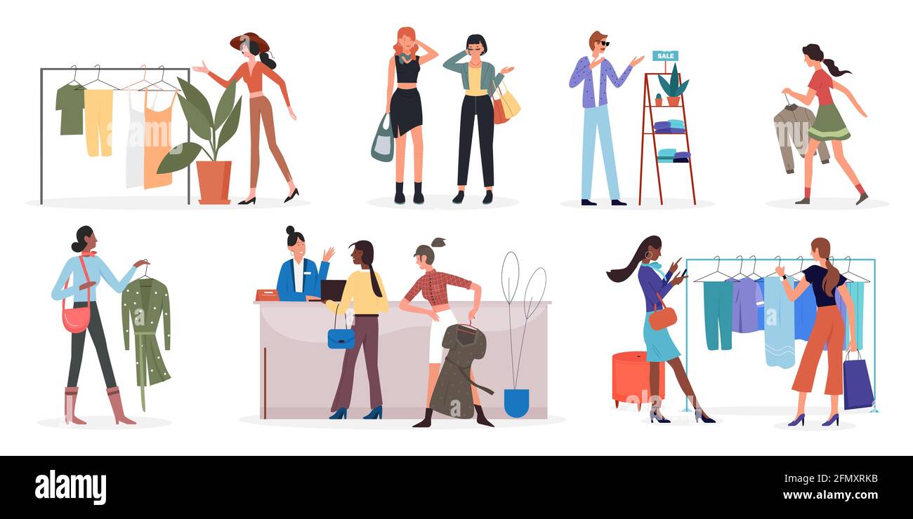 People shopping on sales in clothing fashion store or boutique vector  illustration set. Cartoon man woman