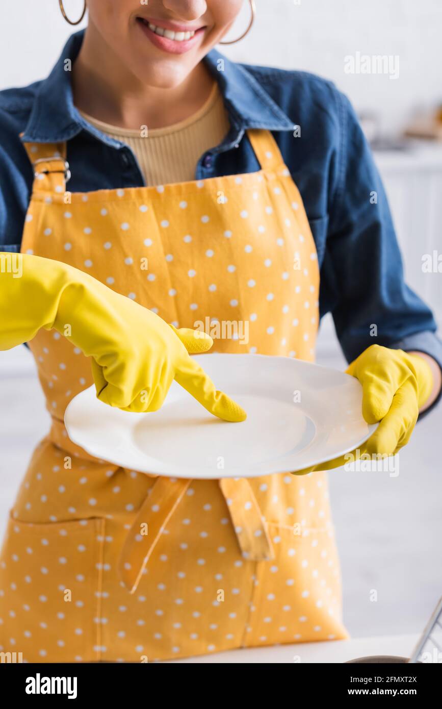 Cropped view of smiling woman holding clean plate Stock Photo