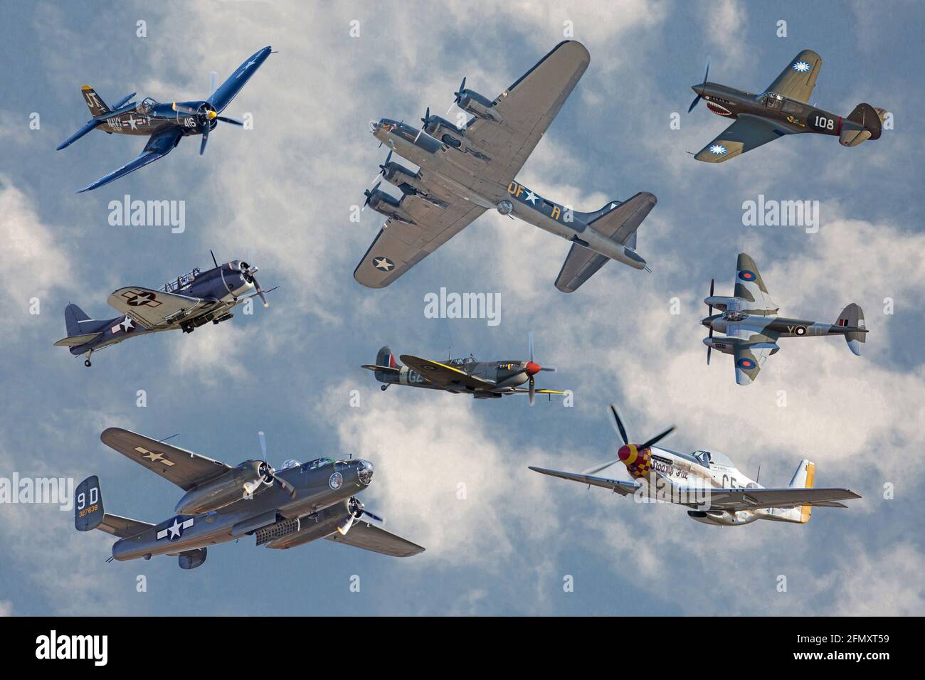 A collage of Allied aircraft that helped win World War II.  Photos taken at the annual Warbirds Over Monroe Air Show in Monroe, North Carolina. Stock Photo
