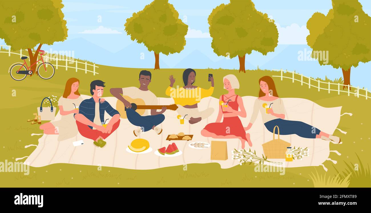 Young people students on picnic in summer nature green park vector  illustration. Cartoon happy friends man woman characters enjoy weekend,  have fun, eat picnic food together summertime background Stock Vector Image  &