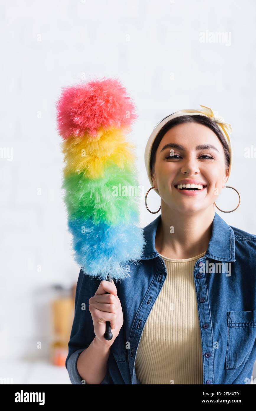 Housewife with dust brush smiling at camera Stock Photo
