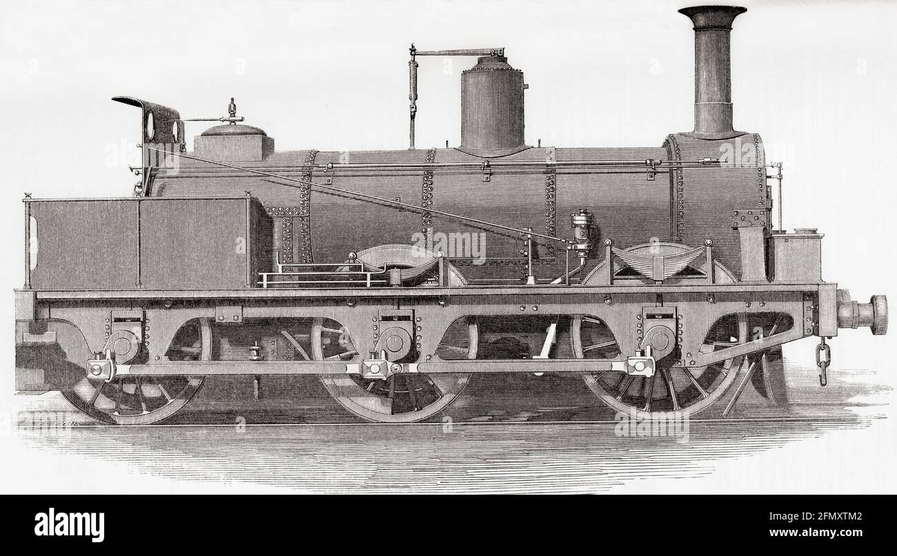 Goods locomotive built for the Midland Railway Company by William Fairbairn & Sons.  From A Concise History of The International Exhibition of 1862, published 1862. Stock Photo