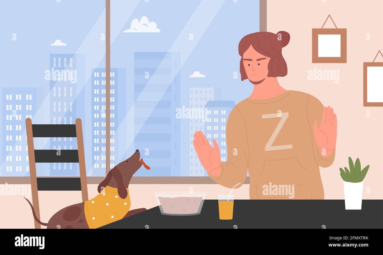 Pet owner training dog, bad dog behavior vector illustration. Cartoon