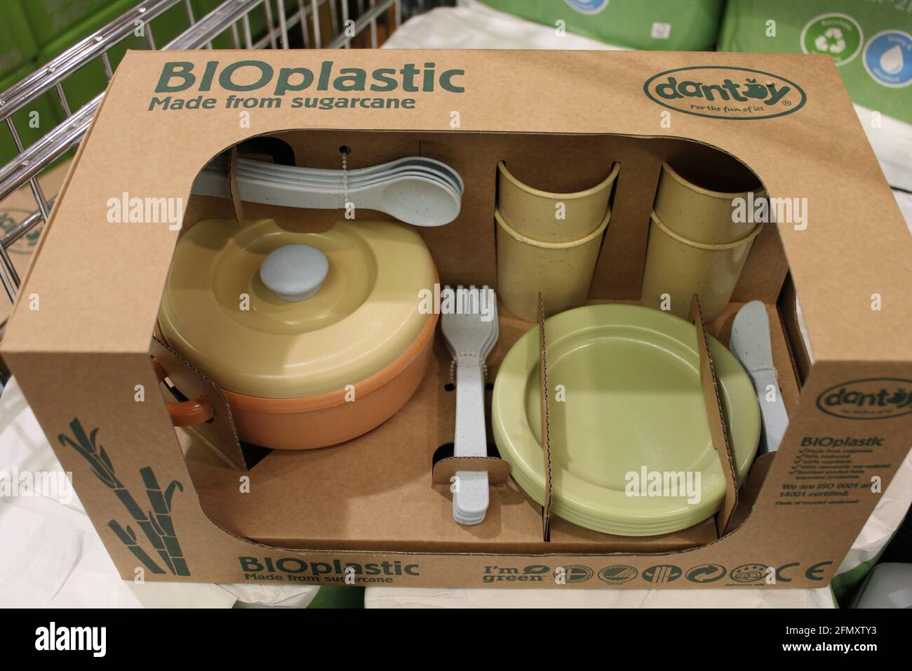 Childs dinner play set made from sugarcane. Bioplastic sustainably and eco friendly toys concept Stock Photo