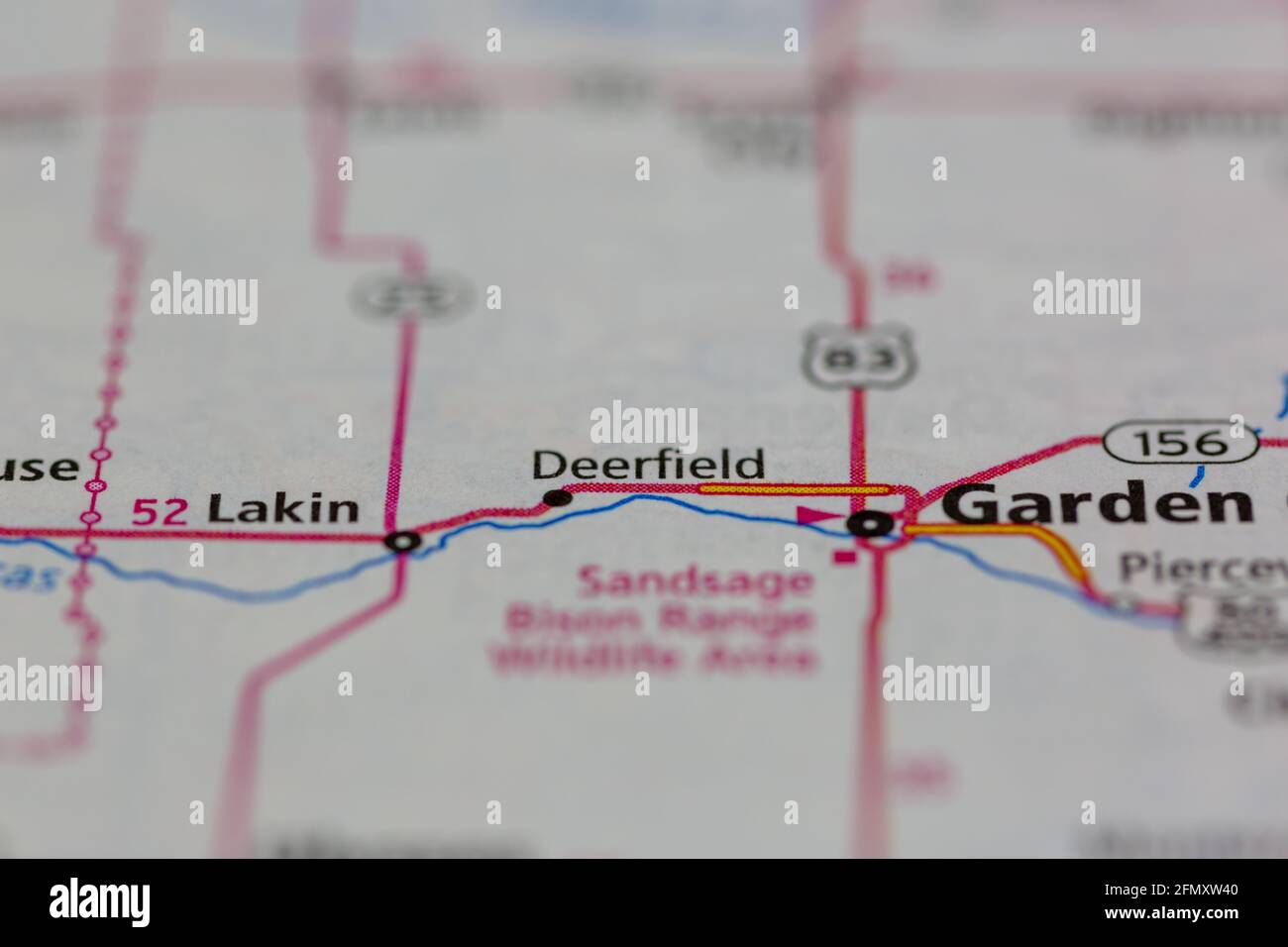Deerfield Kansas USA shown on a Geography map or Road Map Stock Photo
