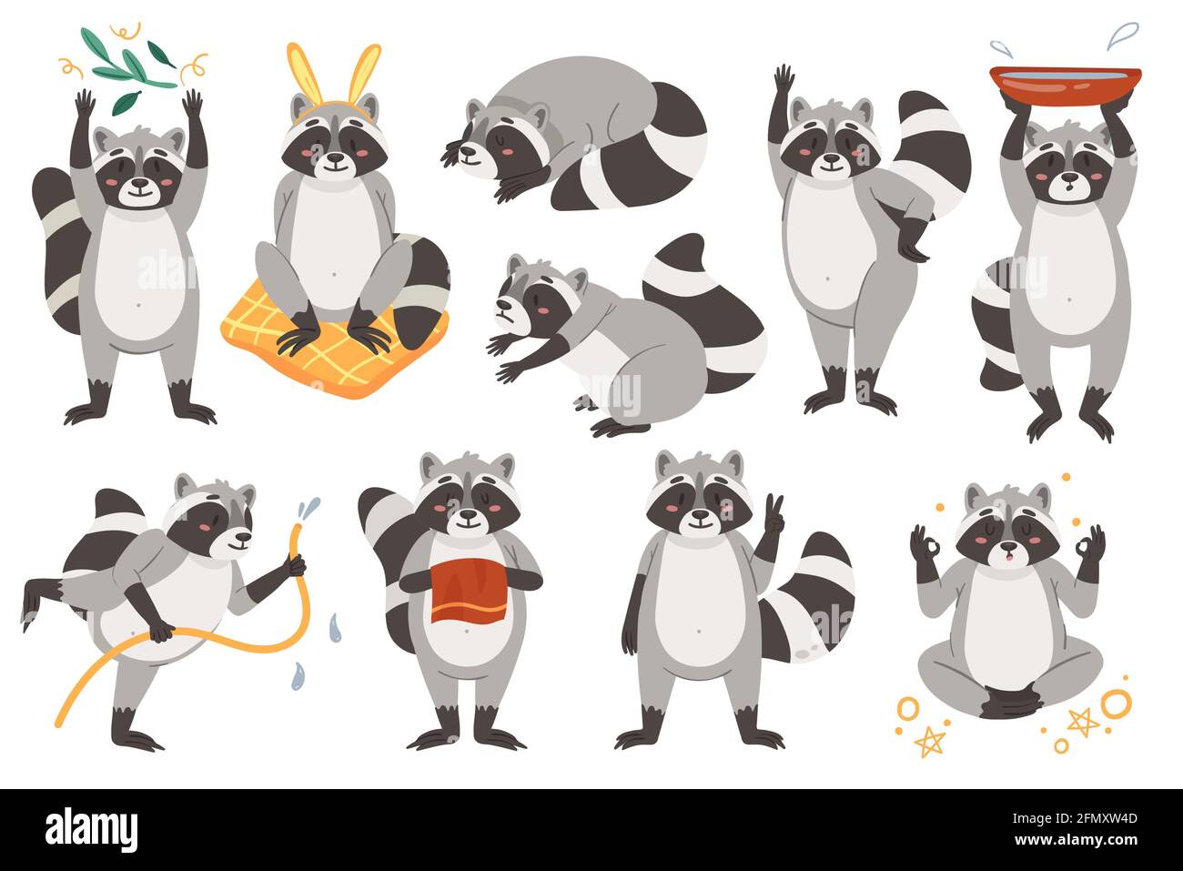 Raccoons cute animal vector illustration set. Cartoon funny comic racoon characters in different adorable poses childish collection, waving cheering sleeping doing yoga meditation isolated on white Stock Vector