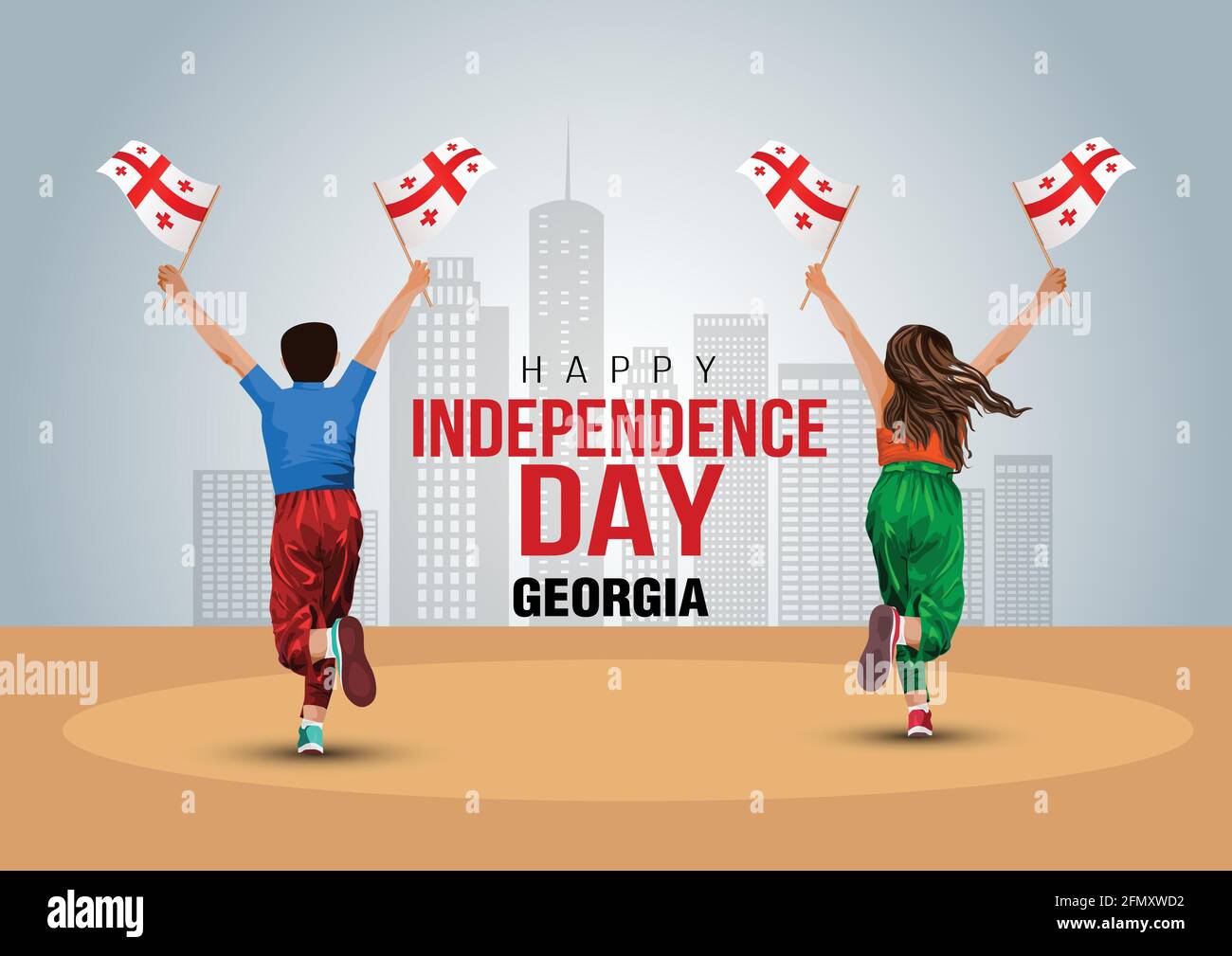 happy independence day Georgia 26th May. a boy and girl running with Georgia flag. vector illustration design. Stock Vector