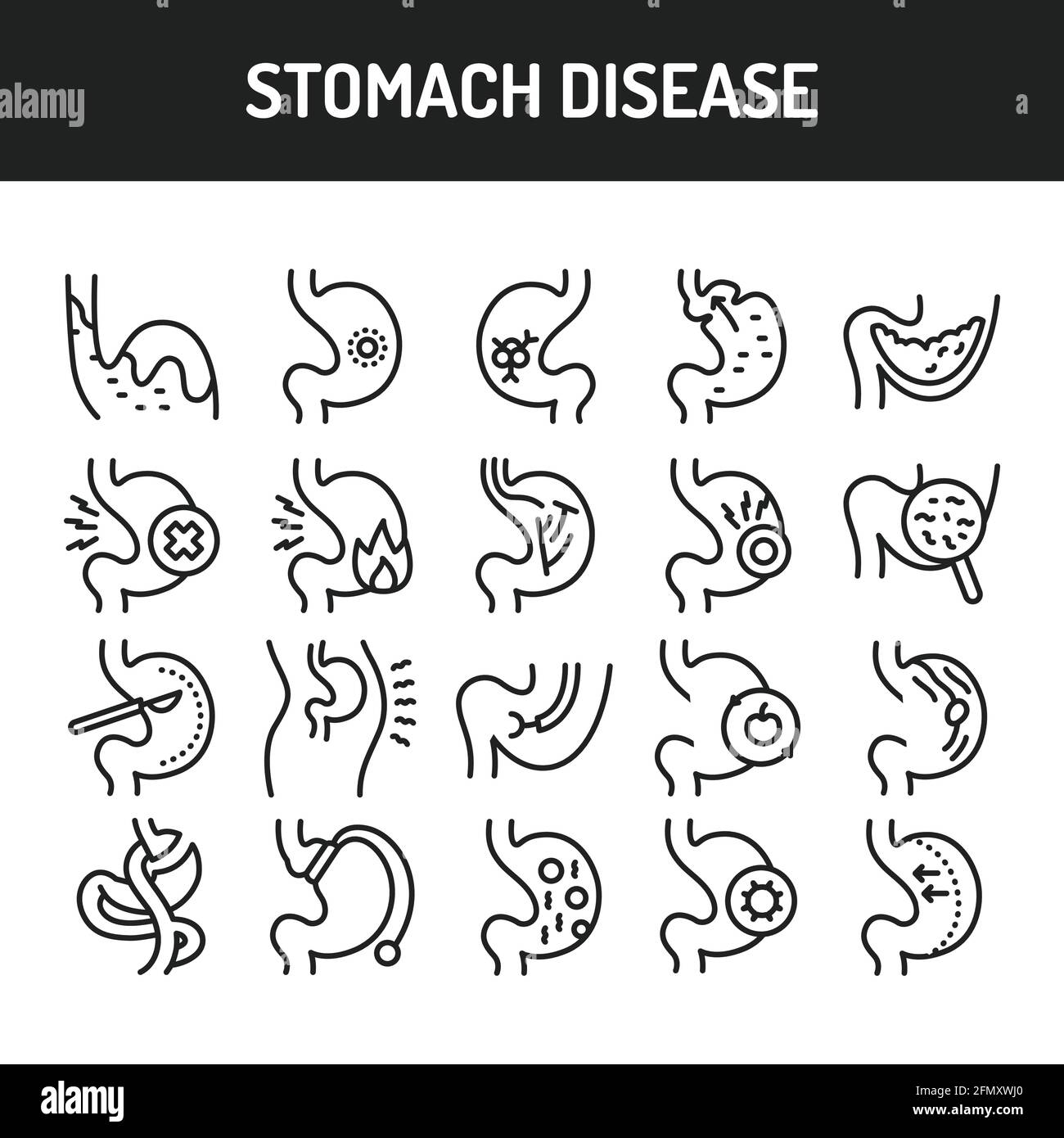 Stomach diseases line icons set. Isolated vector element. Stock Vector