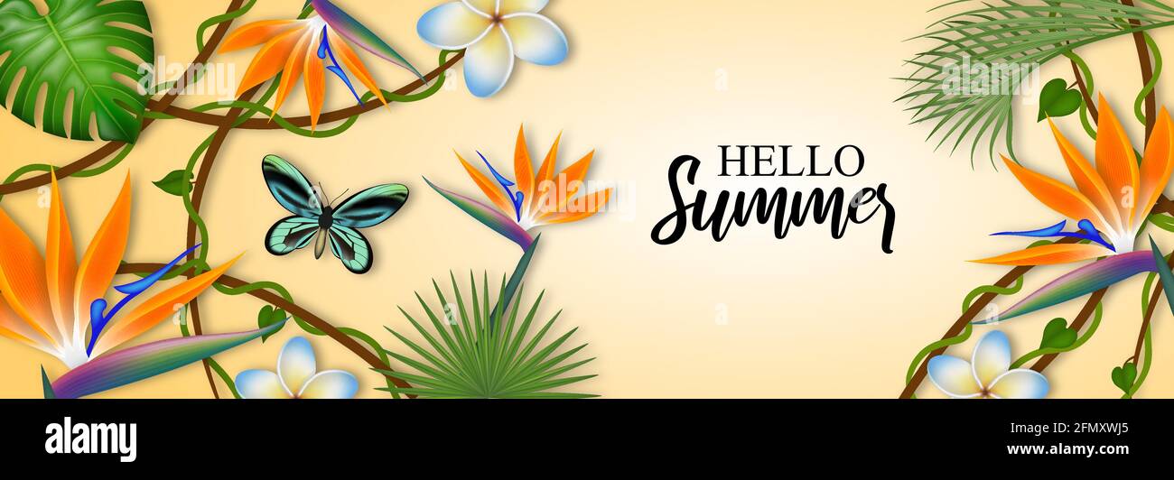 Summer banner with exotic leaves and flowers Stock Vector