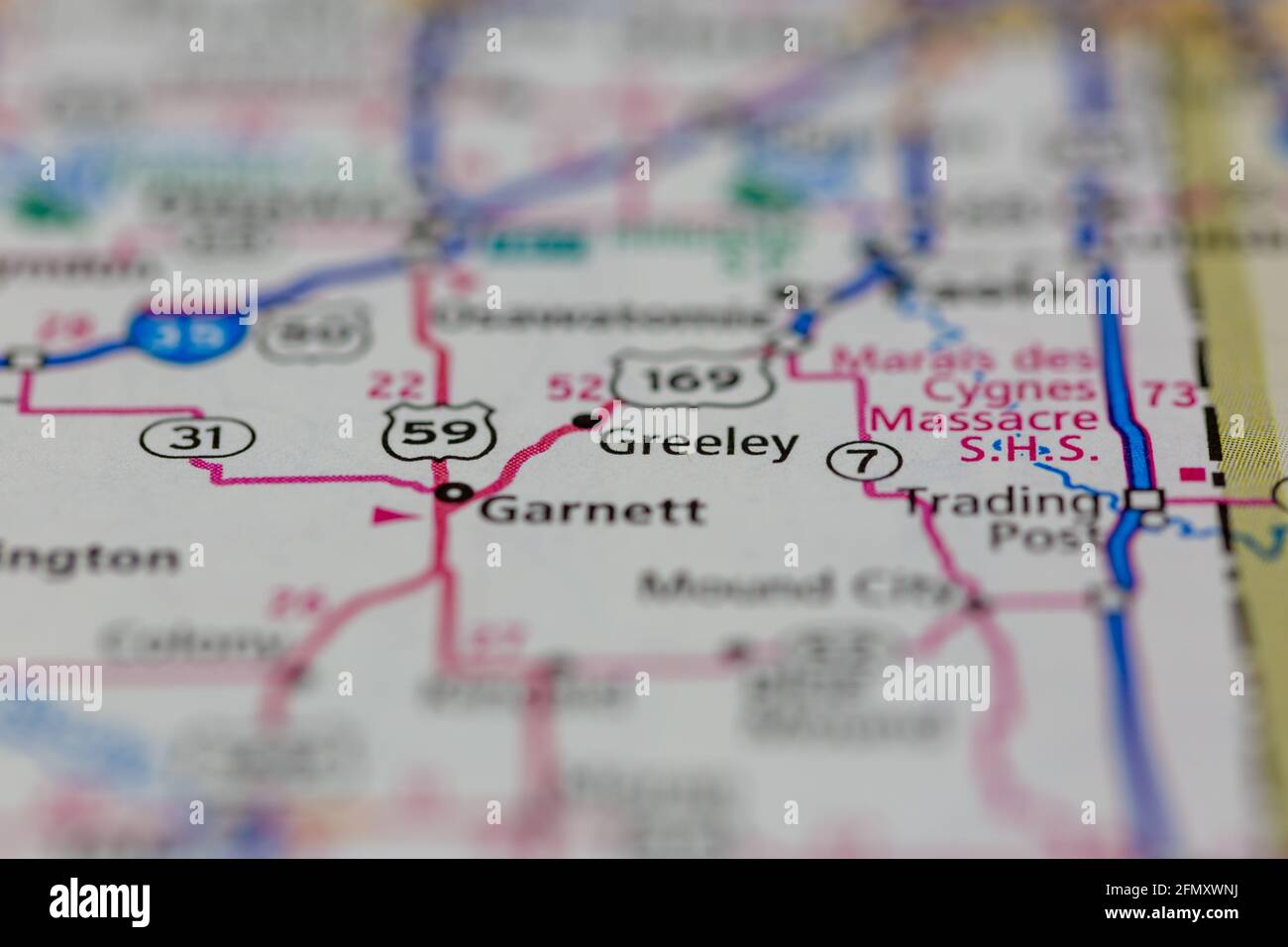 Greeley Kansas USA shown on a Geography map or Road Map Stock Photo