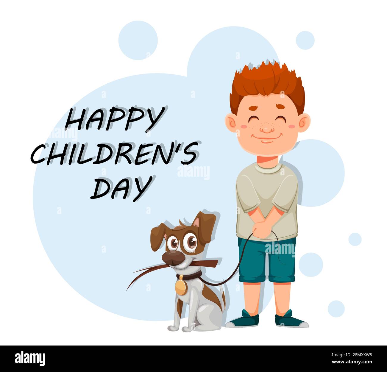 Happy children's day. Cute boy with his dog, cheerful cartoon ...