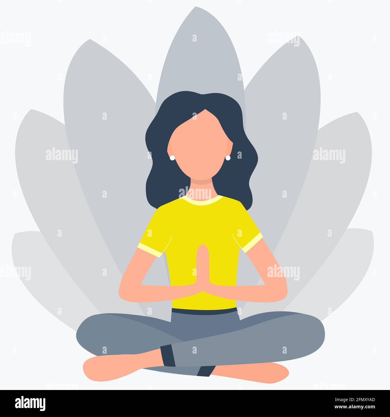 The girl is sitting in the lotus position. Relaxation asana vector. Calm woman practicing yoga concept. Healthy lifestyle, well-being, harmony with on Stock Vector