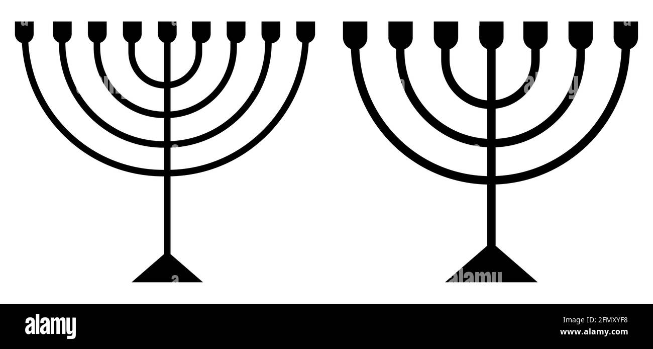 Hanukkah Menorah candelabrum black sign isolated on white. Religion icon. Silhouette of sacred jewish object. Stock Vector