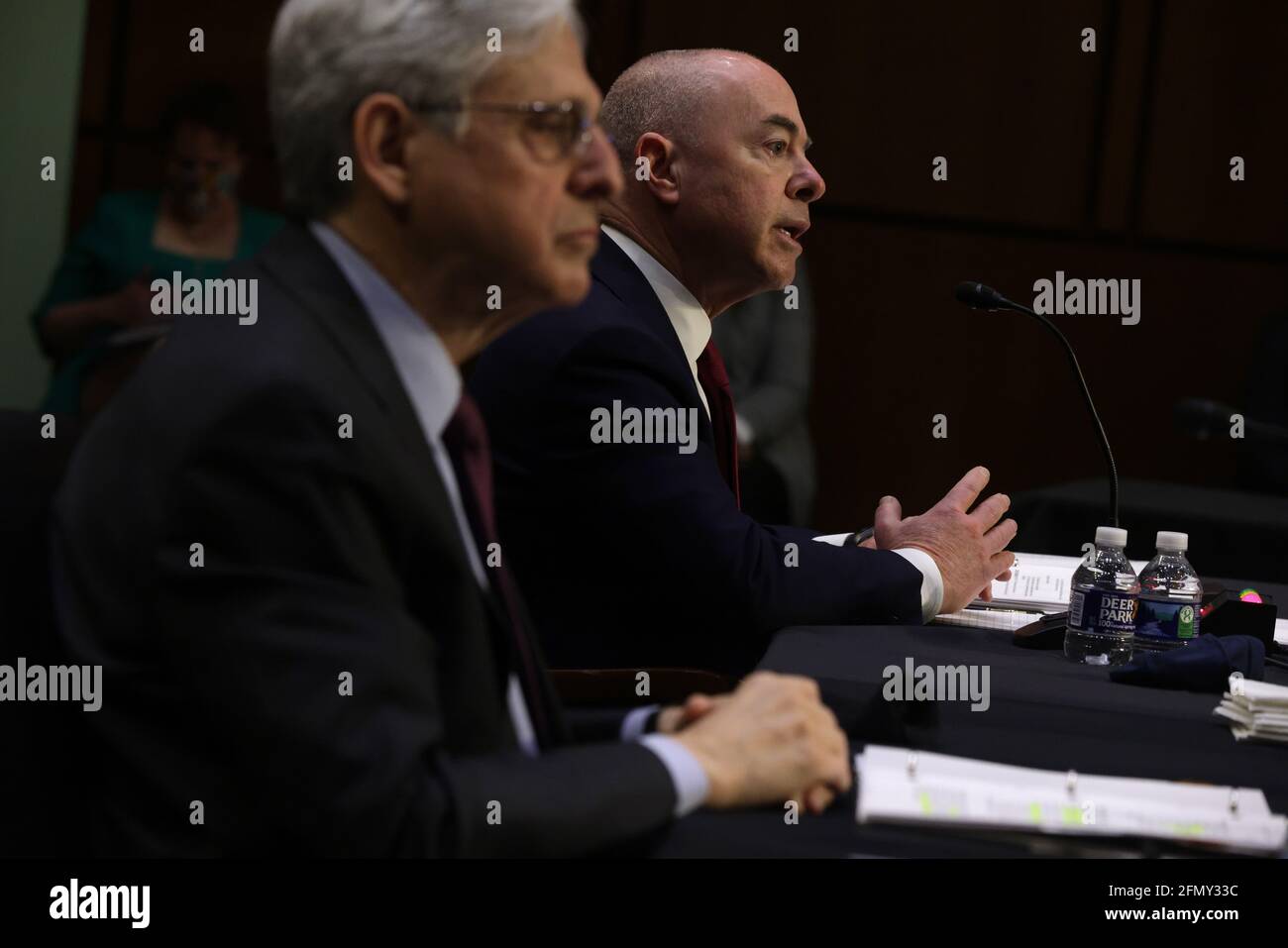 Washington, USA. 12th May, 2021. WASHINGTON, DC - MAY 12: U.S. Attorney General Merrick Garland (L) and Homeland Security Secretary Alejandro Mayorkas (R) testify during a hearing before the Senate Appropriations Committee at Hart Senate Office Building on May 12, 2021 on Capitol Hill in Washington, DC. The committee held a hearing on “Domestic Violent Extremism in America.” (Photo by Alex Wong/Pool/Sipa USA) Credit: Sipa USA/Alamy Live News Stock Photo