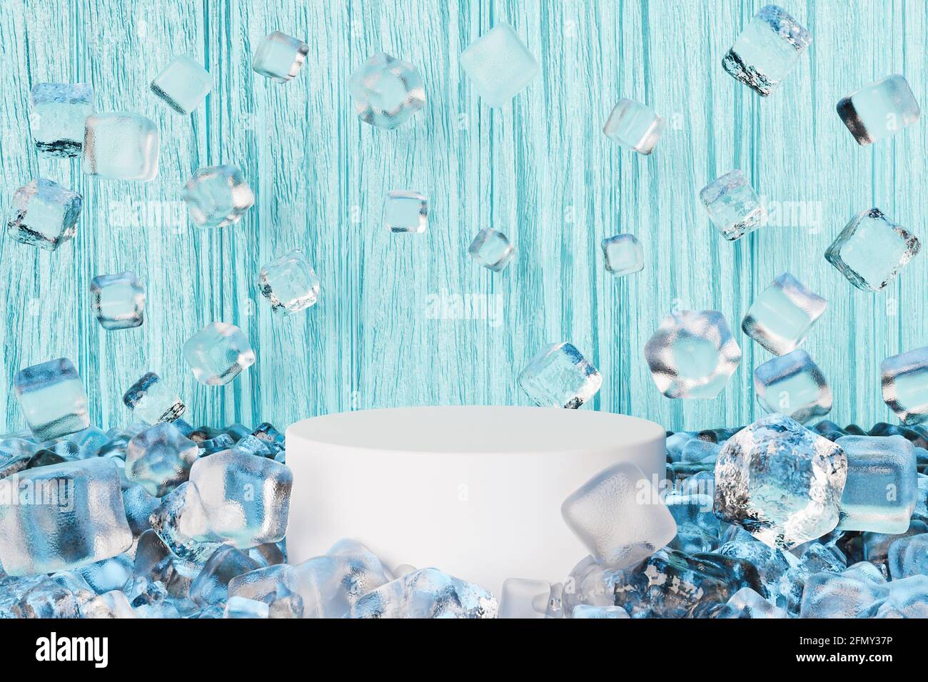 3D rendering of a cylinder for product display with ice cubes floating