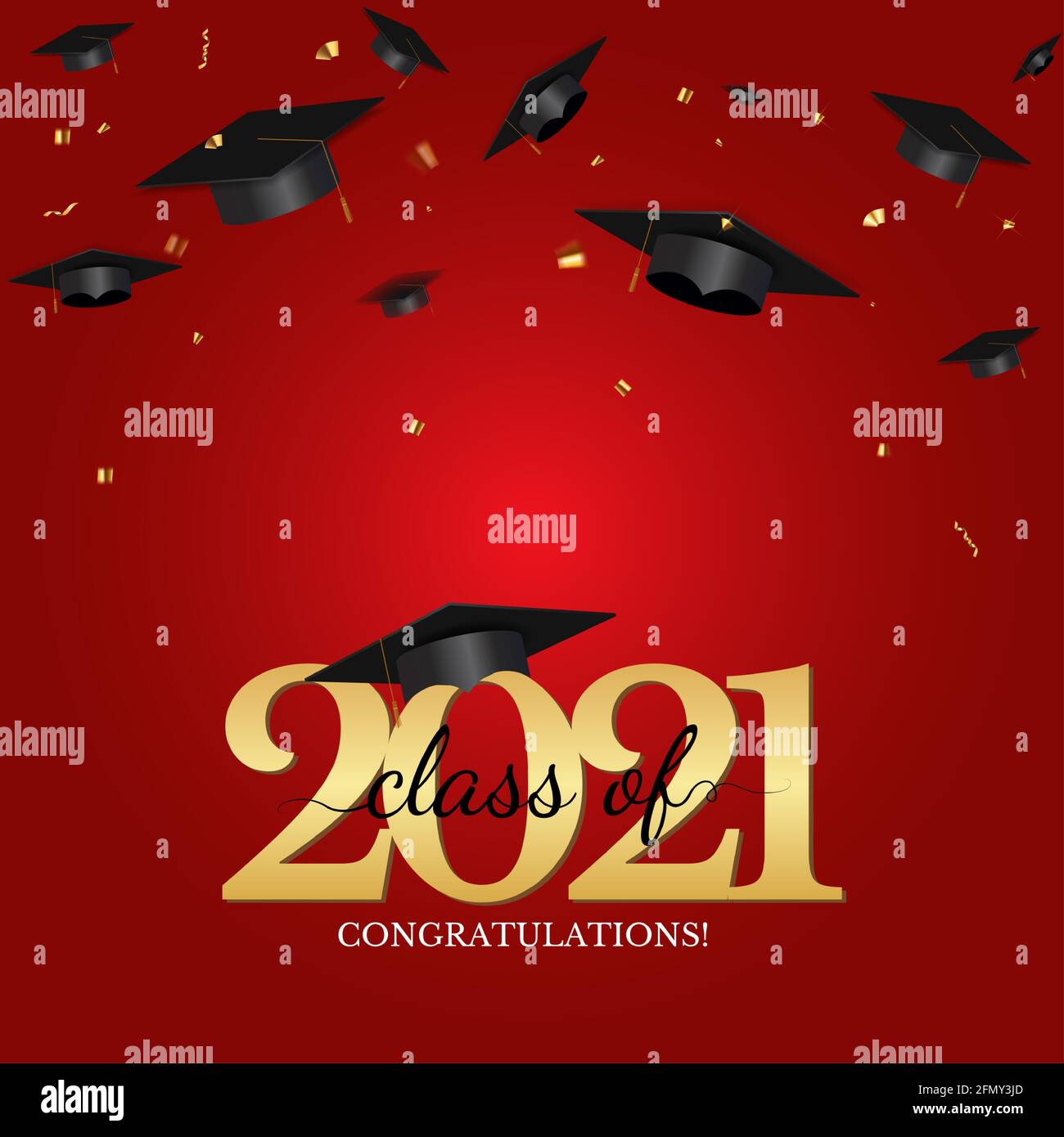 Graduation class of 2021 with graduation cap hat and confetti. Vector ...