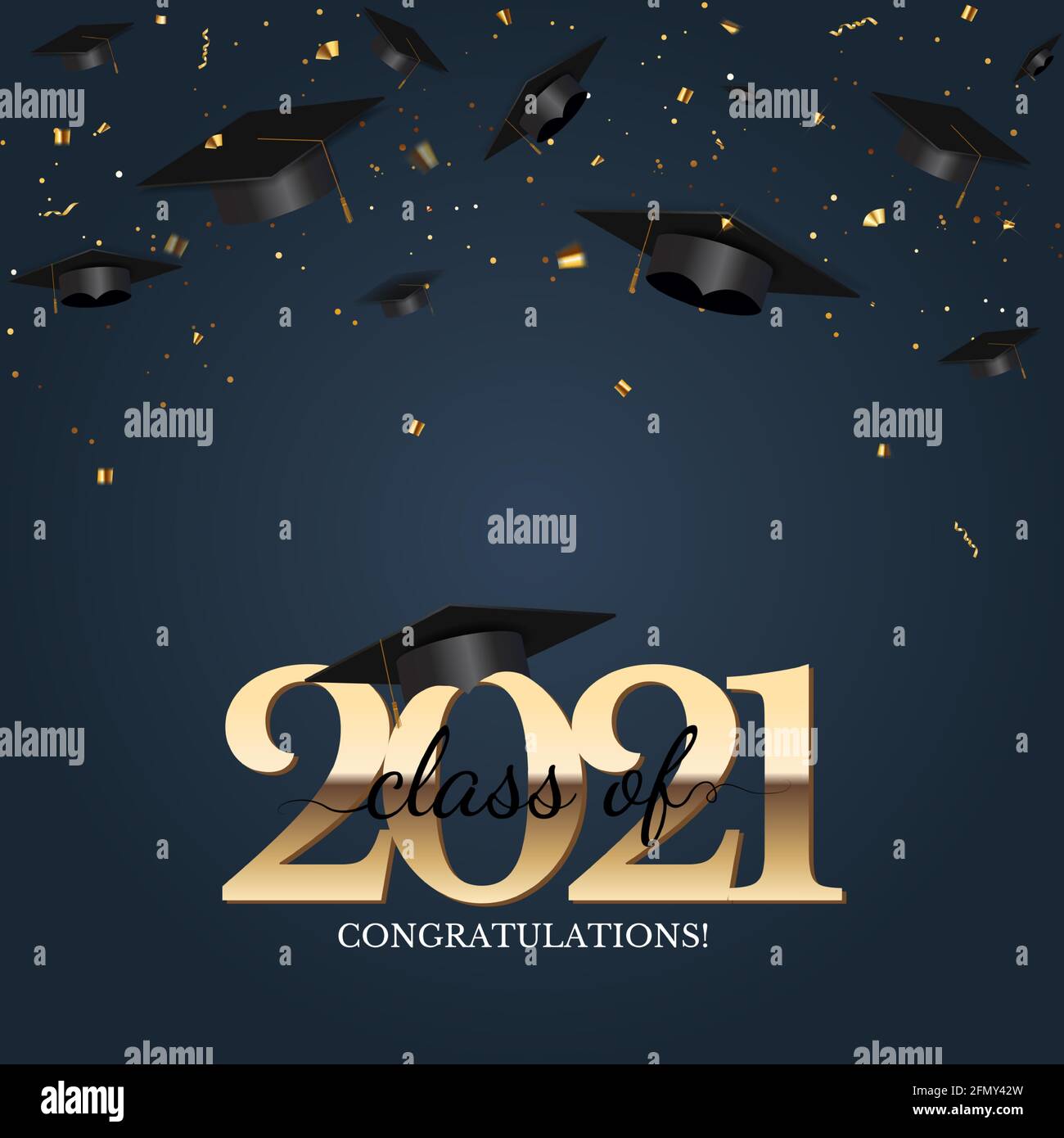 Graduation class of 2021 with graduation cap hat and confetti. Vector Illustration Stock Vector