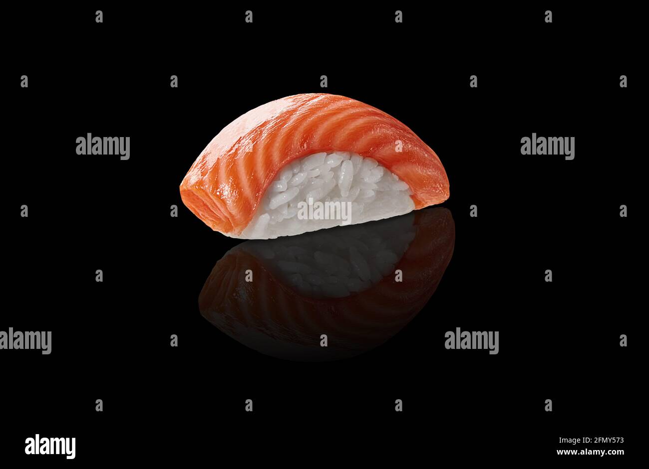 One nigiri sushi with salmon on black background with reflection Stock Photo