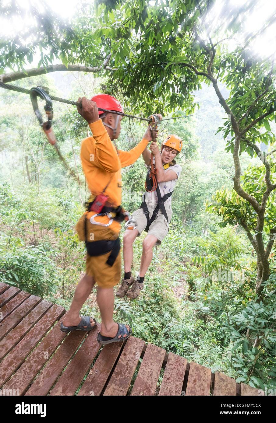 Stage landing for zip wire experience, Tadfane Resort, Paksong, Laos Stock Photo