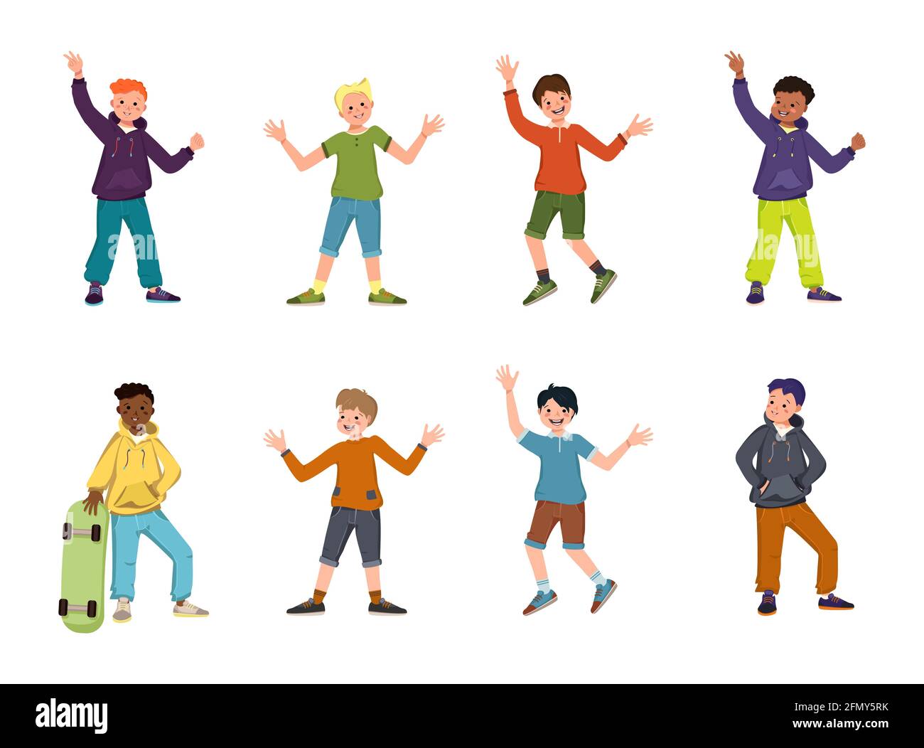 Boys or teenagers of different nationalities, with dark and blonde hair color, red. Happy kids with faces and smiles in hoodies, t-shirts, pants and s Stock Vector